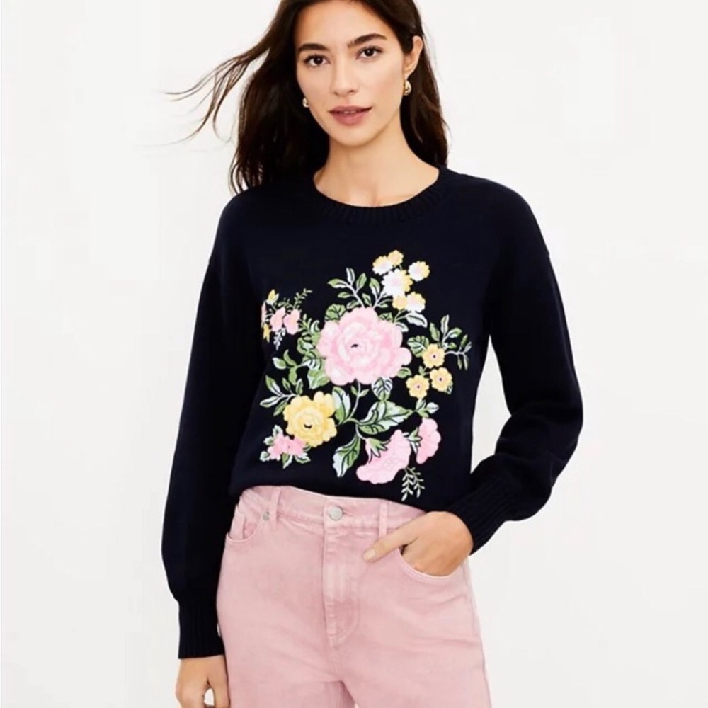 Loft Embroidered Floral Cotton Sweater Size Large
